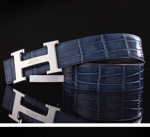 Hermes 2014 Crocodile Stripe Leather Reversible Belt Blue/Black